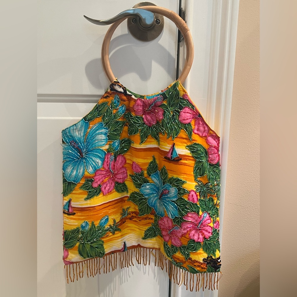 Hawaiian Print 100% Rayon Handmade Hibiscus Beaded & Fringed Bamboo Handle Bag - Picture 2 of 7